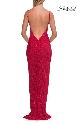 Picture of: Rhinestone Cowl Neck Gown with Open Back and Ruching in Red, Style: 33302, Detail Picture 6