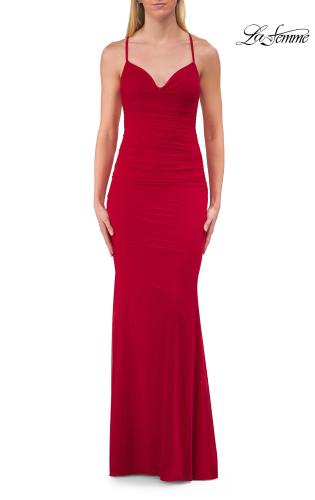 Picture of: Net Jersey Gown with Sheer Cutouts and Open Back in Red, Style: 33708, Detail Picture 7