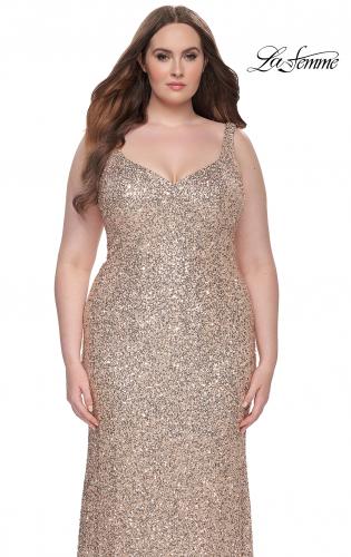 Picture of: Fitted Stretch Sequin Plus Size Dress with V Neck in Rose Gold, Style: 31163, Detail Picture 7