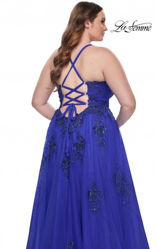 Picture of: A-Line Tulle Plus Dress with Lace Applique and Tie Back in Royal Blue, Style: 31378, Detail Picture 2