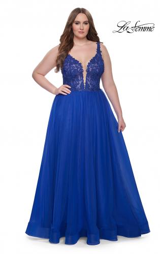 Picture of: Deep V Plus Size Tulle Dress with Lace Illusion Bodice in Royal Blue, Style: 31394, Detail Picture 2