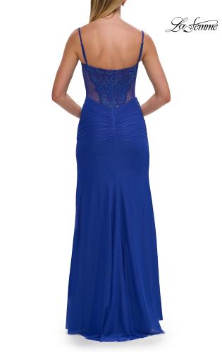 Picture of: Lace Bodice Gown with Ruched Skirt and High Slit in Royal Blue, Style: 33661, Detail Picture 10