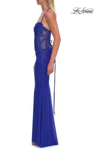 Picture of: Beaded Mesh Lace-Up Gown with Straight Neckline in Royal Blue, Style: 33678, Detail Picture 11