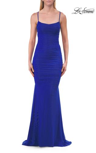 Picture of: Ruched Lace Fitted Gown with Strappy Open Back in Royal Blue, Style: 33857, Detail Picture 11