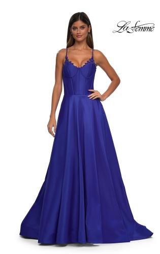 Picture of: Mikado A-line Gown with Lace Detail Neckline in Royal Blue, Style: 32878, Detail Picture 16