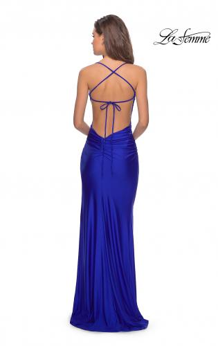 Picture of: Long Tie Up Back Jersey Prom Dress with Slit in Royal Blue, Style: 28296, Back Picture