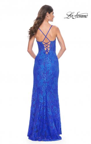 Picture of: Stretch Lace Dress with Bustier Top and Illusion Back in Royal Blue, Style: 32248, Back Picture
