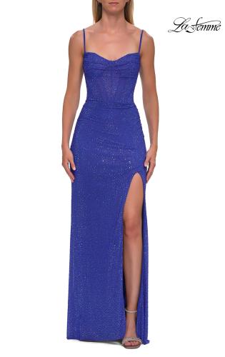 Picture of: Rhinestone Fitted Gown with Draped Bodice and Sheer Corset Back in Royal Blue, Style: 33343, Detail Picture 19