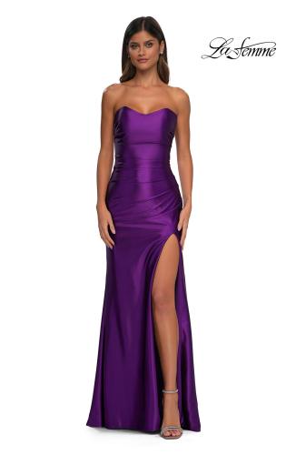 Picture of: Strapless Stretch Satin Dress with Sheer Corset Back in Royal Purple, Style: 32649, Detail Picture 8