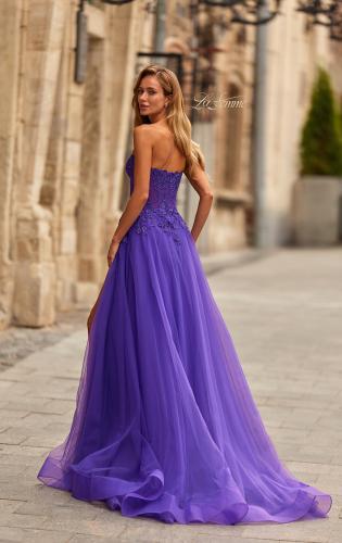 Picture of: Illusion Embroidered Lace Tulle Gown with Slit in Royal Purple, Style: 33551, Back Picture