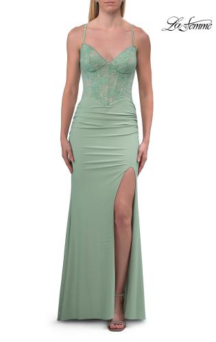 Picture of: Lace Bodice Fitted Gown with Slit and Open Crisscross Back in Sage, Style: 33386, Detail Picture 8