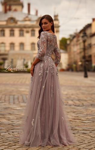 Picture of: Two Tone Lace Applique Tulle A-line Gown with Illusion Sleeves in Silver Mauve, Style: 31717, Back Picture