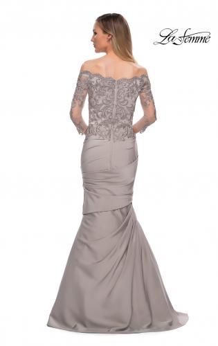 Picture of: Satin Mermaid Gown with Off the Shoulder Lace Bodice in Silver, Back Picture