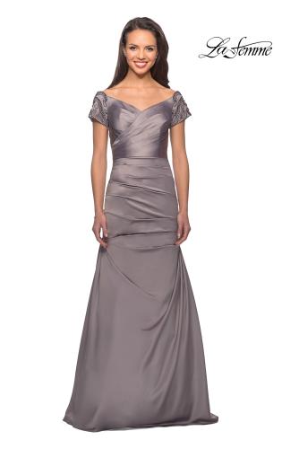 Picture of: Satin Off the Shoulder Dress with Beaded Sleeves, Style: 25996, Detail Picture 5