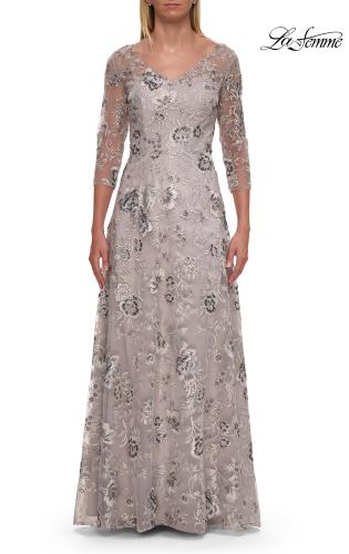 Picture of: Beautiful Lace Mother of the Bride Gown with V Neckline in Silver, Style: 30803, Detail Picture 7