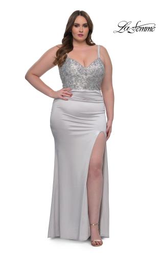 Picture of: Stretch Satin Plus Dress with Beautiful Rhinestone Designed Bodice in Silver , Style: 32430, Detail Picture 5