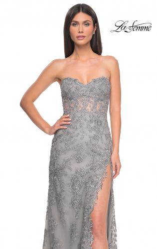 Picture of: Embroidered Lace Fitted Prom Dress with Lace Edge Slit in Silver, Style: 32013, Detail Picture 8