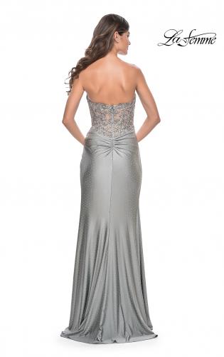 Picture of: Sheer Lace Applique Bodice Dress with Jersey Skirt in Silver, Style: 32301, Detail Picture 11