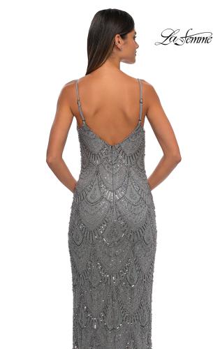 Picture of: Beautifully Beaded Long Evening Dress with V Neckline in Silver, Style: 32928, Detail Picture 15