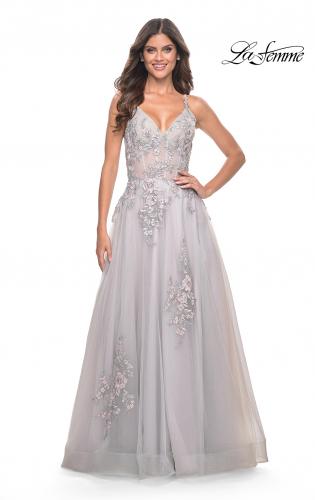 Picture of: A-Line Tulle Prom Dress with Scattered Lace Applique in Silver, Style: 31939, Detail Picture 3