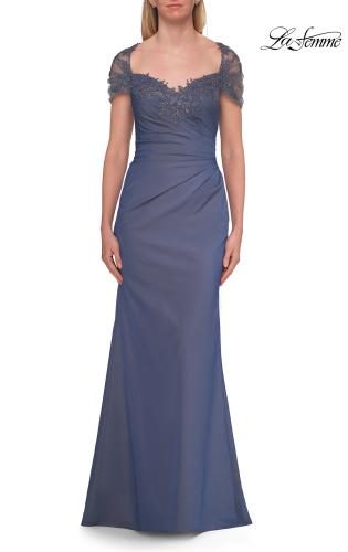 Picture of: Embroidered Lace Sleeve Gown with Keyhole Back in Slate Blue, Style: 33579, Detail Picture 1
