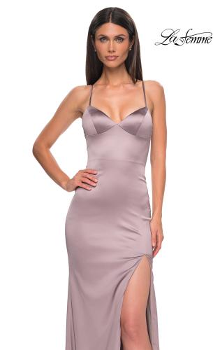 Picture of: Fitted Simple Satin Prom Dress with Lace Up Back in Taupe , Style 33010, Detail Picture 4