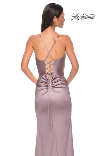 Picture of: Fitted Simple Satin Prom Dress with Lace Up Back in Taupe , Style 33010, Detail Picture 5