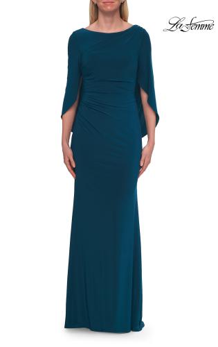 Picture of: Draped Cape Sleeve Jersey Gown with Ruched Bodice in Teal, Style: 33148, Detail Picture 10