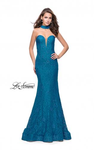 Picture of: Strapless Beaded Lace Mermaid Dress with T Back in Teal, Style: 26261, Detail Picture 2