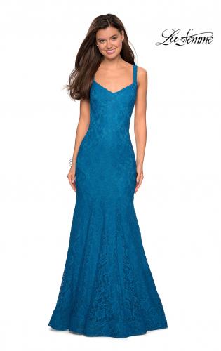 Picture of: Open Back Stretch Lace Long Prom Dress in Teal, Style: 27709, Detail Picture 2