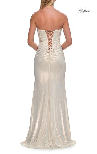 Picture of: Strapless Metallic Gown with Lace Trim and Lace-Up Back in White Gold, Style: 33418, Detail Picture 8