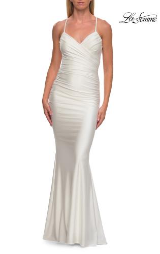 Picture of: Ruched Jersey Gown with Crisscross Open Back in White, Style: 33723, Detail Picture 15