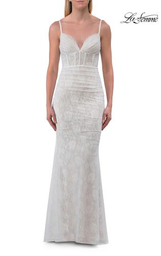 Picture of: Lace Fitted Gown with Ruched Bodice and Sheer Back in White, Style: 33443, Detail Picture 20