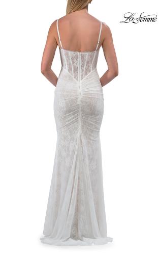 Picture of: Lace Fitted Gown with Ruched Bodice and Sheer Back in White, Style: 33443, Detail Picture 21