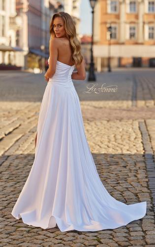 Picture of: Strapless Satin A-Line Gown with Draped Bodice and High Slit in White, Style: 33417, Detail Picture 5