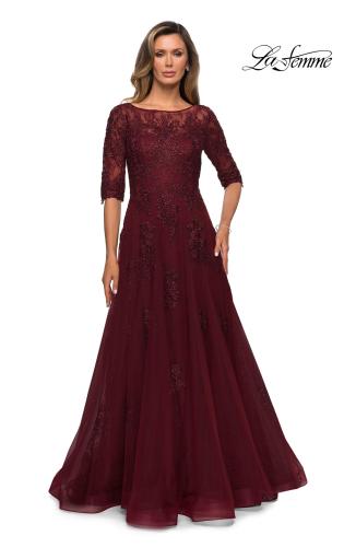 Picture of: Lace and Tulle A-line Gown with Three Quarter Sleeves, Style: 28036, Detail Picture 11