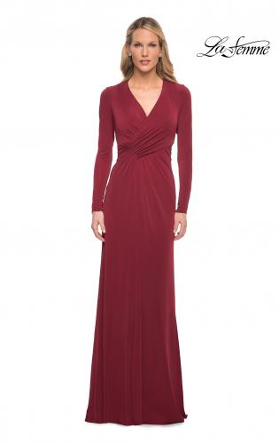 Picture of: Long Sleeve Jersey Dress with Criss-Criss Front Ruching in Wine, Detail Picture 5