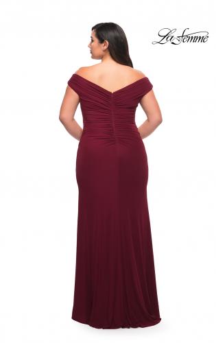 Picture of: Flattering Ruched Off the Shoulder Plus Size Dress in Wine, Style: 29722, Detail Picture 9
