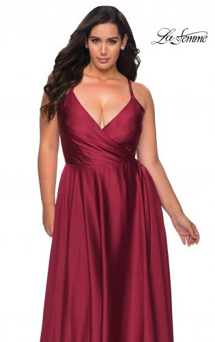 Picture of: Satin A-line Plus Dress with Lace Up Back and Pockets in Wine, Style: 29033, Detail Picture 1