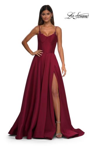 Picture of: Mikado A-line Gown with Lace Detail Neckline in Wine, Style: 32878, Detail Picture 8