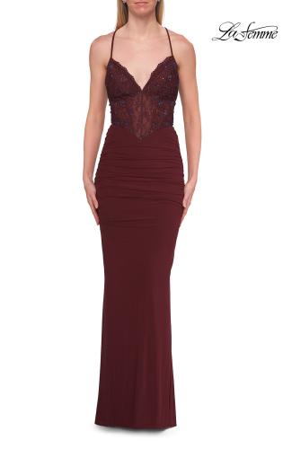 Picture of: Rhinestone Lace Jersey Gown with Ruched Back and Crisscross Straps in Wine, Style: 33504, Detail Picture 9