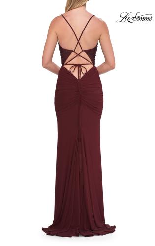 Picture of: Rhinestone Lace Jersey Gown with Ruched Back and Crisscross Straps in Wine, Style: 33504, Detail Picture 10