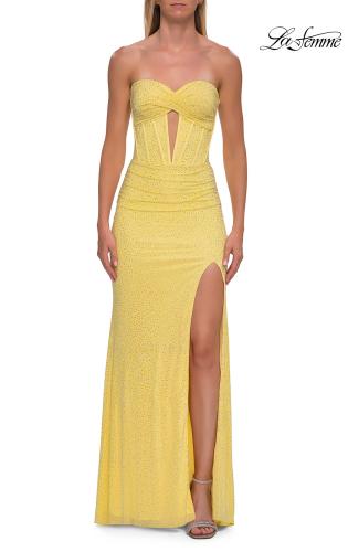 Picture of: Strapless Rhinestone Gown with Keyhole Cutout and Corset Back in Yellow, Style: 33354, Detail Picture 13