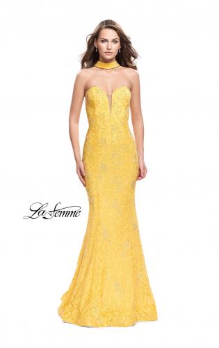 Picture of: Strapless Beaded Lace Mermaid Dress with T Back in Yellow, Style: 26261, Detail Picture 1