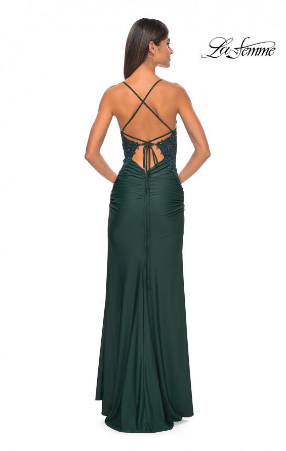 Picture of: Jersey Prom Dress with Illusion Sides and V Neckline in Dark Emerald, Style: 32139, Detail Picture 10