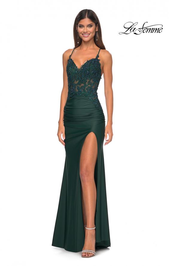 Picture of: Jersey Prom Dress with Illusion Sides and V Neckline in Dark Emerald, Style: 32139, Detail Picture 23