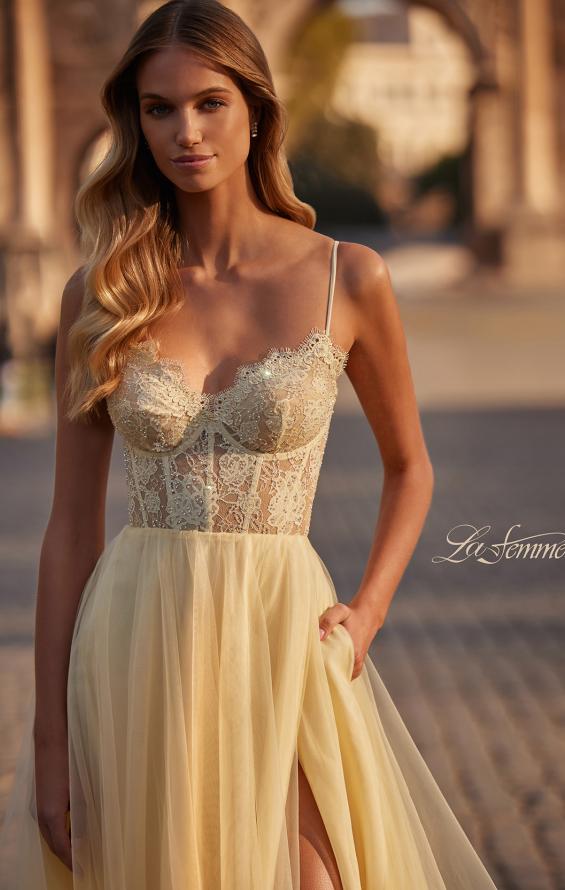 Picture of: Tulle Dress with Full Skirt and Sheer Lace Bodice in Pale Yellow, Style: 32306, Main Picture