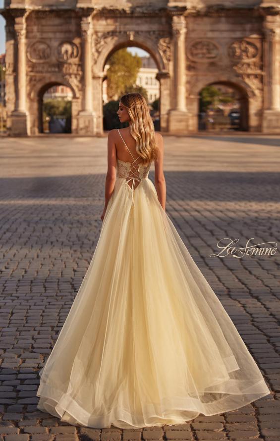 Picture of: Tulle Dress with Full Skirt and Sheer Lace Bodice in Pale Yellow, Style: 32306, Back Picture