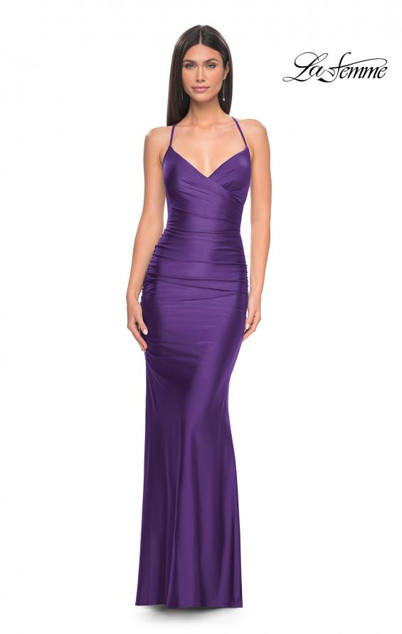 Picture of: Fitted Long Jersey Prom Dress with Ruching and Lace Up Back in Royal Purple, Style: 31618, Detail Picture 10