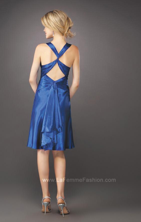 Picture of: Short V Neck Dress with Silver Brooch and Mini Train in Blue, Style: 12835, Back Picture